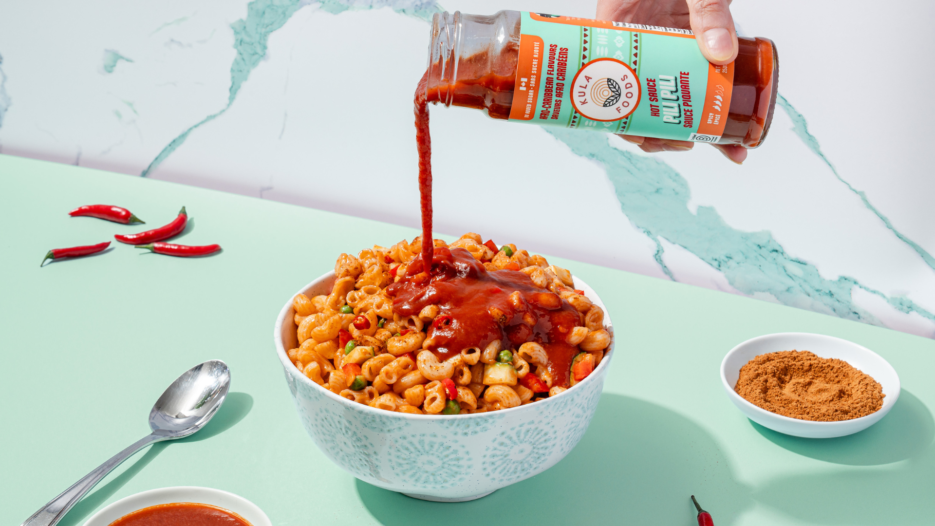 Kula no sugar-added Pili Pili Sauce on Macaroni bowl